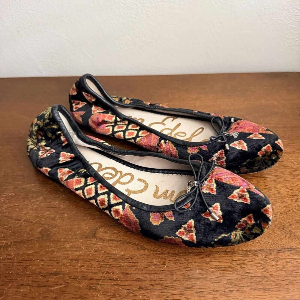 Sam Edelman Felicia Flats Black Red Velvet Print Bow & SE Charm Womens Sz 8.5